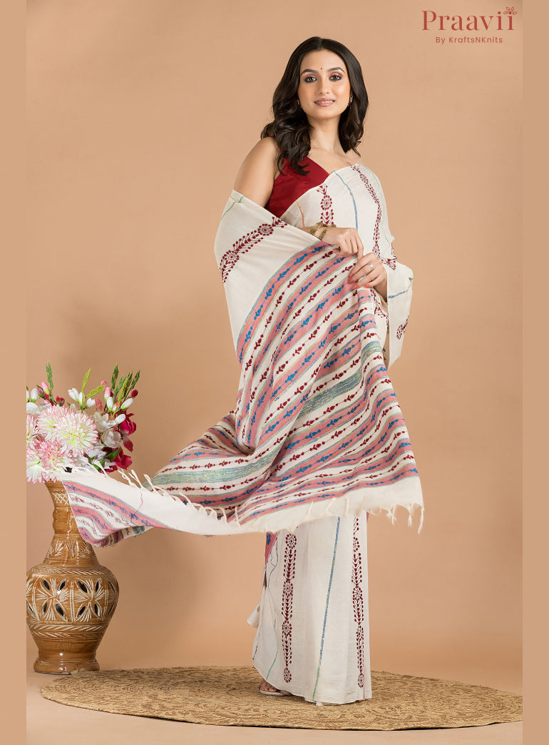 White Cotton Kantha Saree