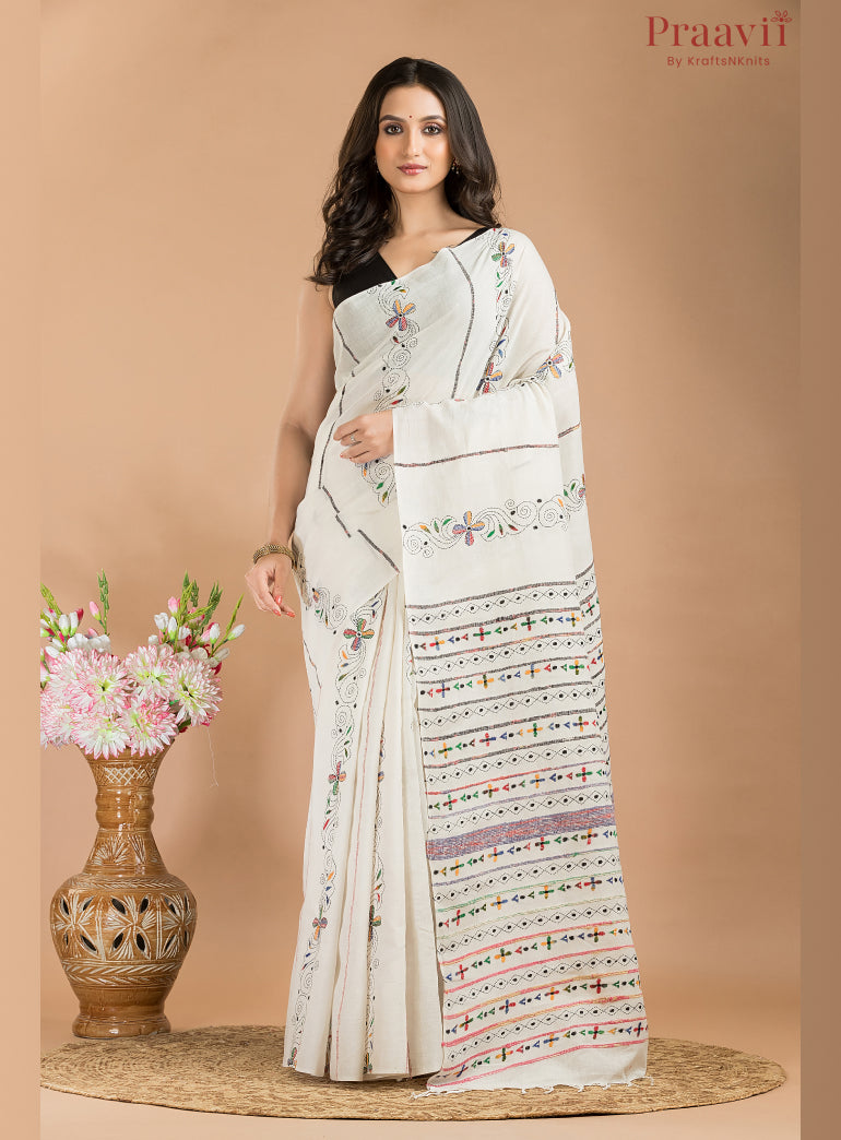 white cotton kaantha stitch saree