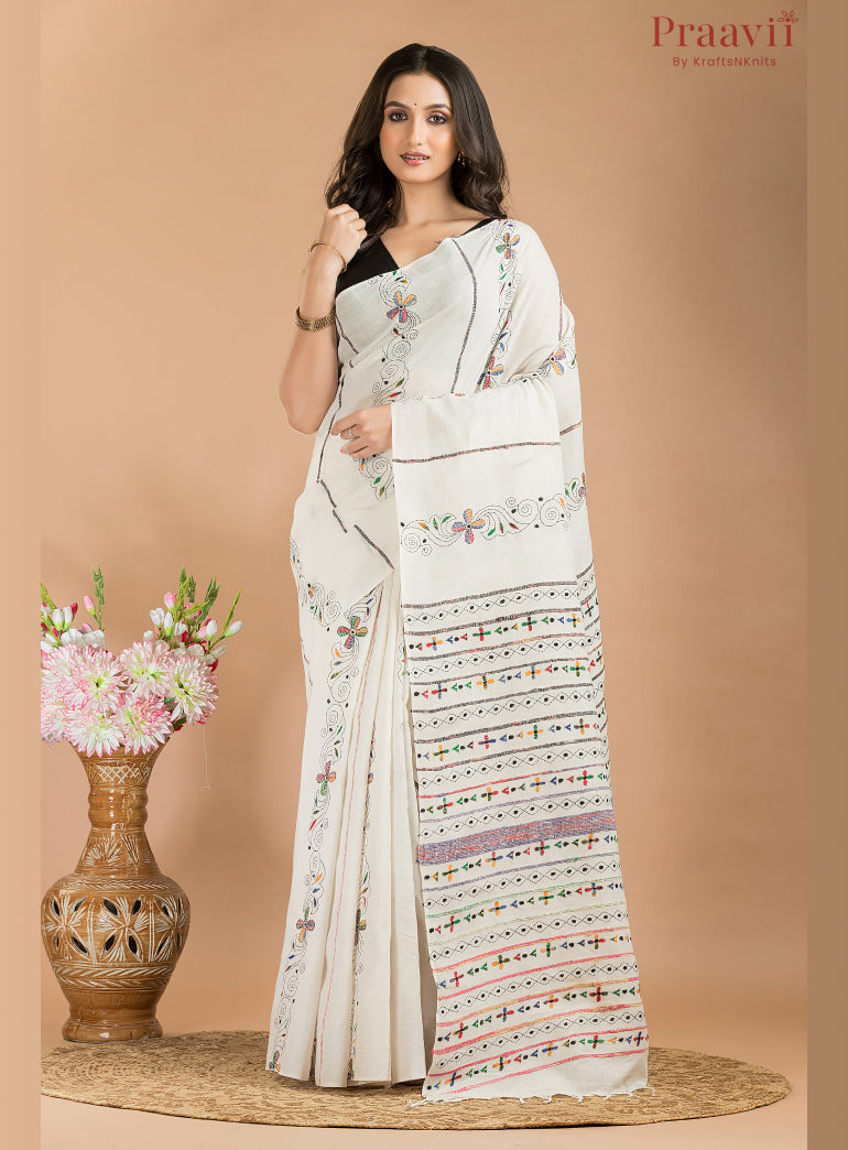 white cotton kaantha stitch saree