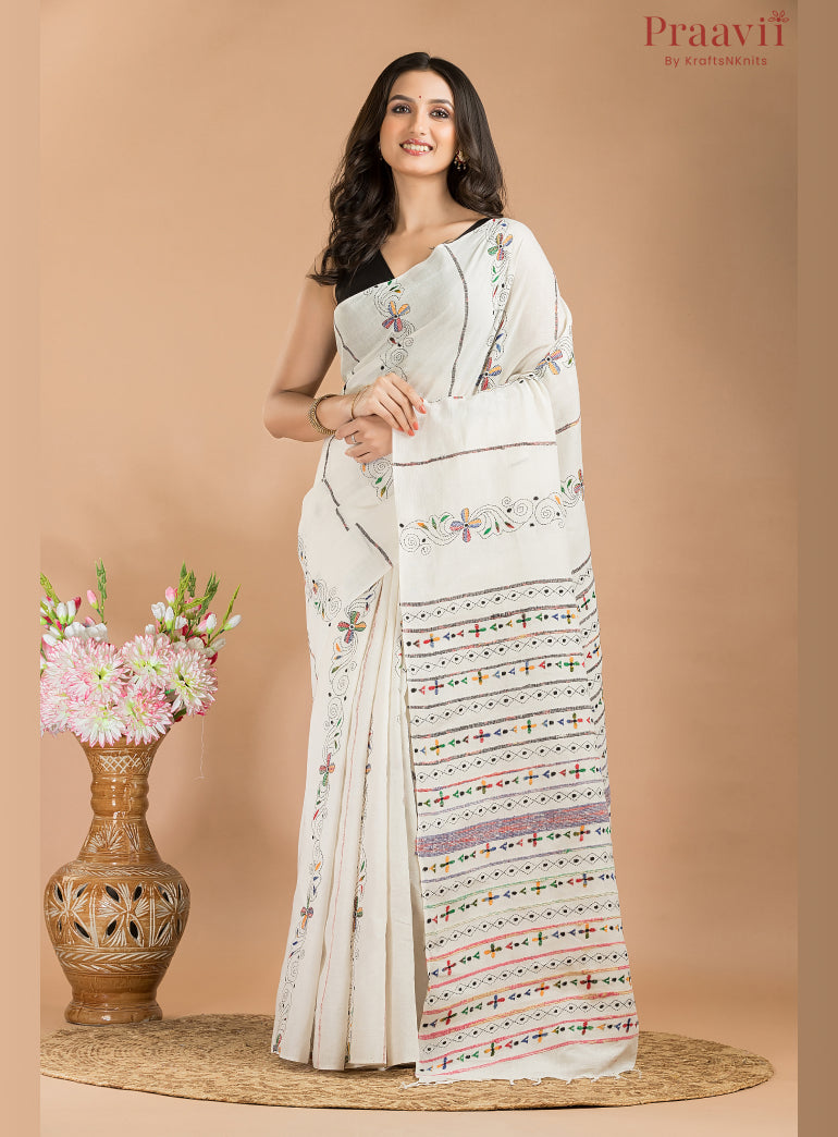 white cotton kaantha stitch saree