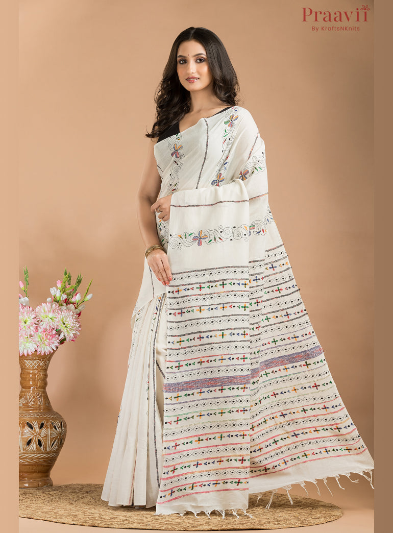 white cotton kaantha stitch saree