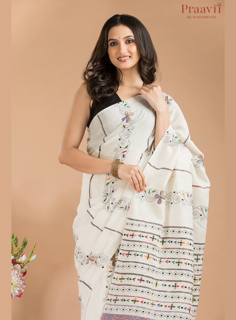white cotton kaantha stitch saree