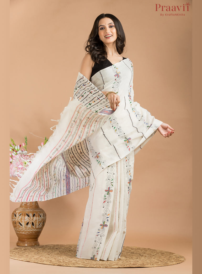 white cotton kaantha stitch saree