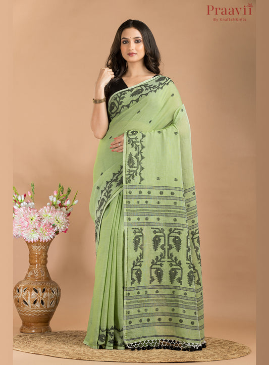 Green & Black Cotton Jamdani Saree