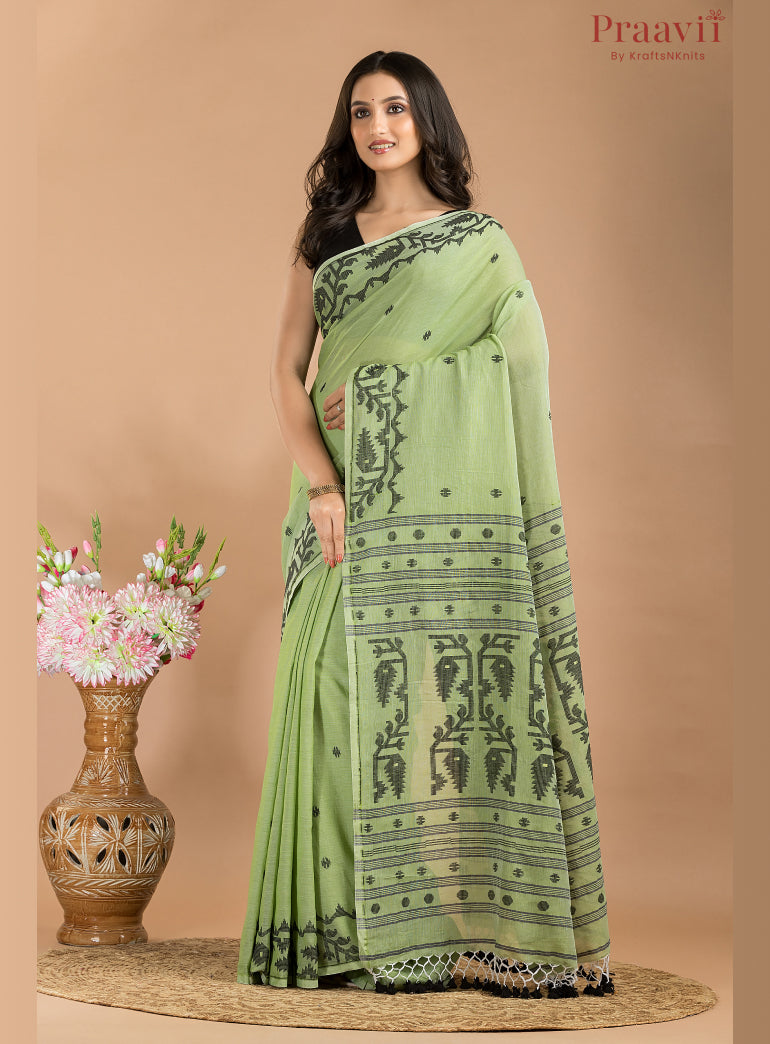 Green & Black Cotton Jamdani Saree