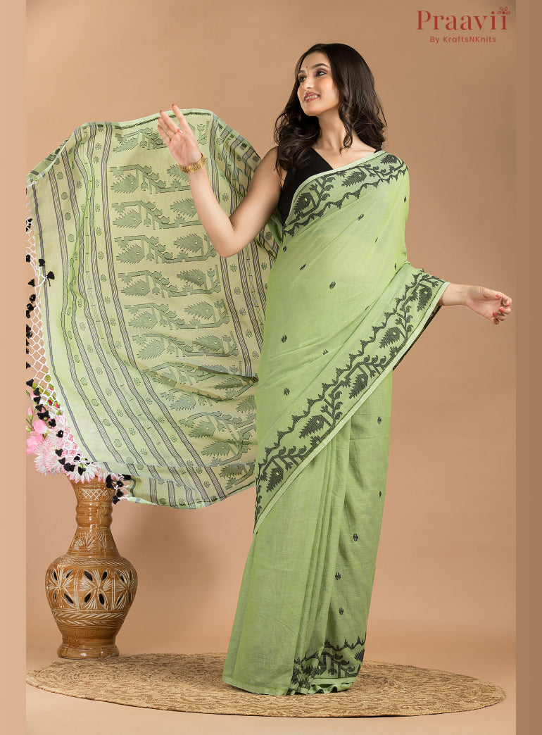 Green & Black Cotton Jamdani Saree