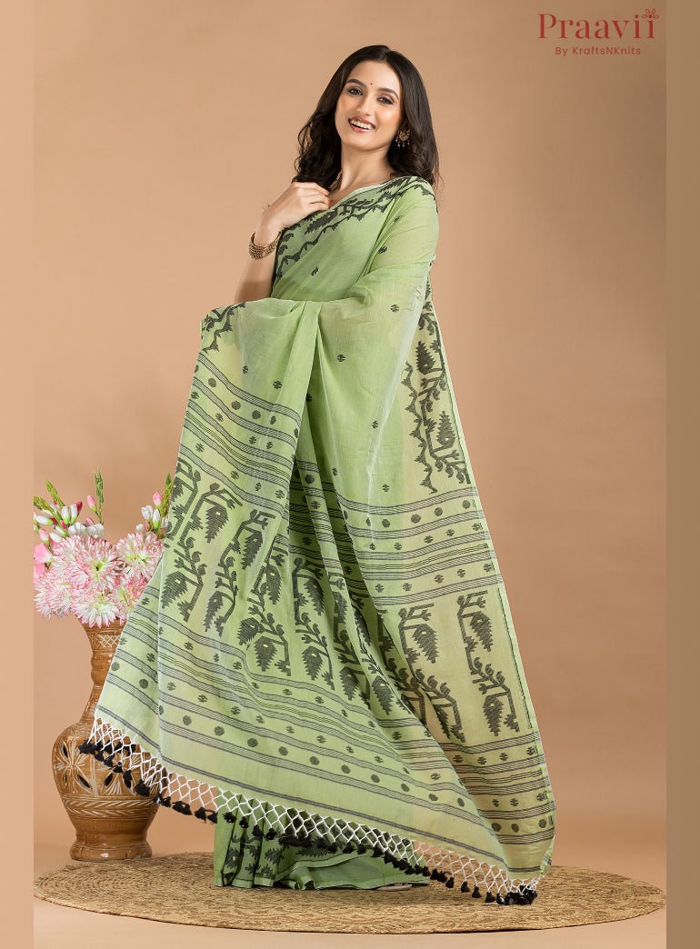 Green & Black Cotton Jamdani Saree