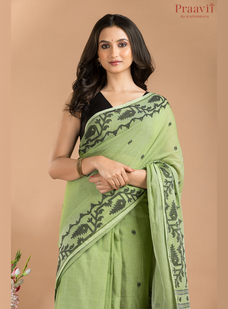 Green & Black Cotton Jamdani Saree