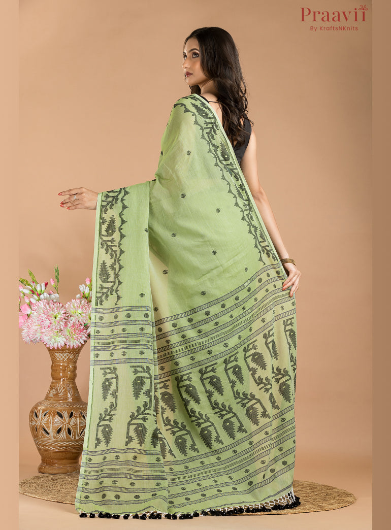Green & Black Cotton Jamdani Saree