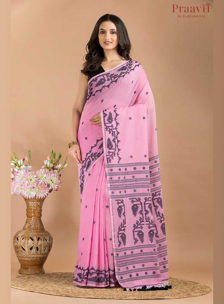 Pink & Black Cotton Jamdani Saree