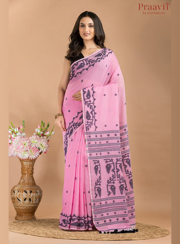 Pink & Black Cotton Jamdani Saree