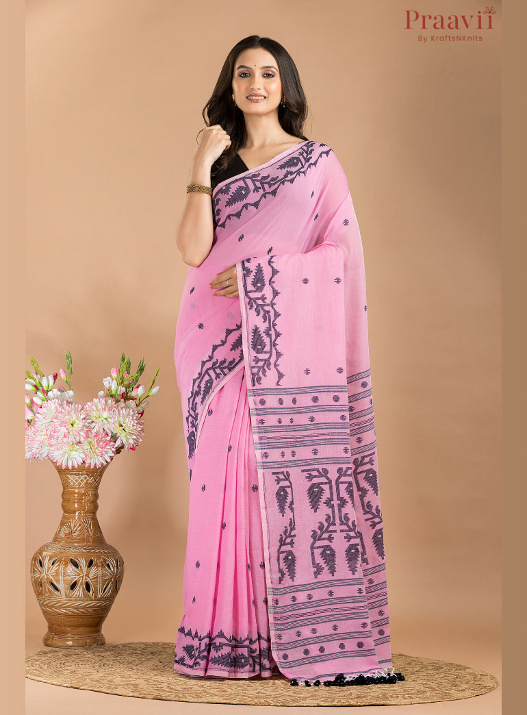 Pink & Black Cotton Jamdani Saree