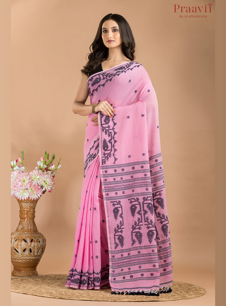 Pink & Black Cotton Jamdani Saree