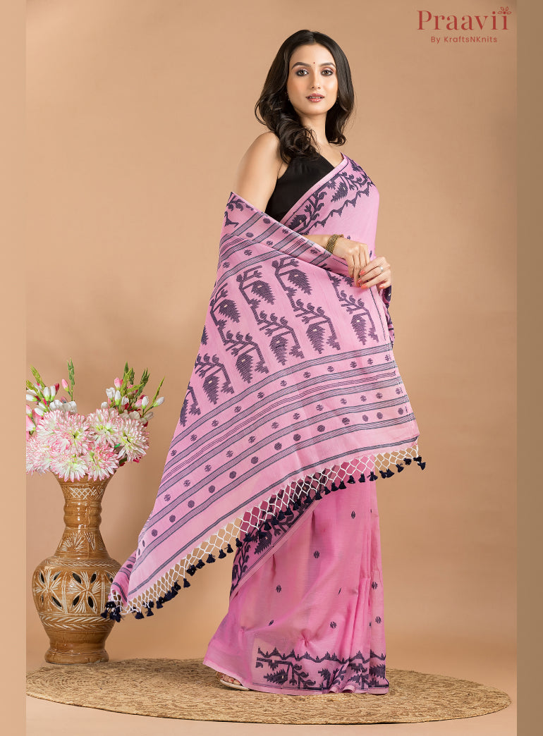 Pink & Black Cotton Jamdani Saree