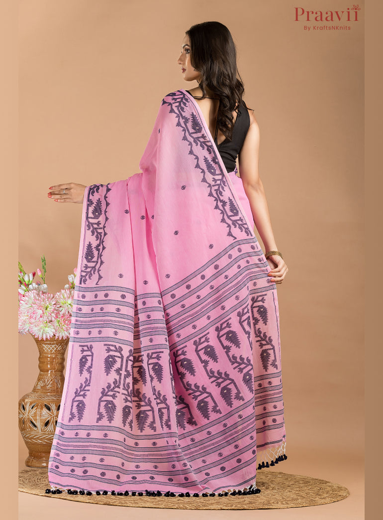 Pink & Black Cotton Jamdani Saree