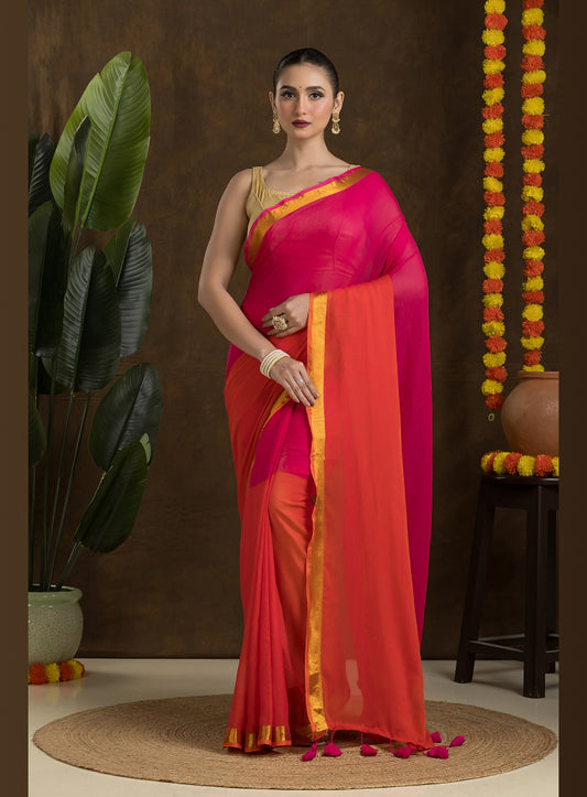 Magenta Pink & Orange Mulmul Cotton Saree