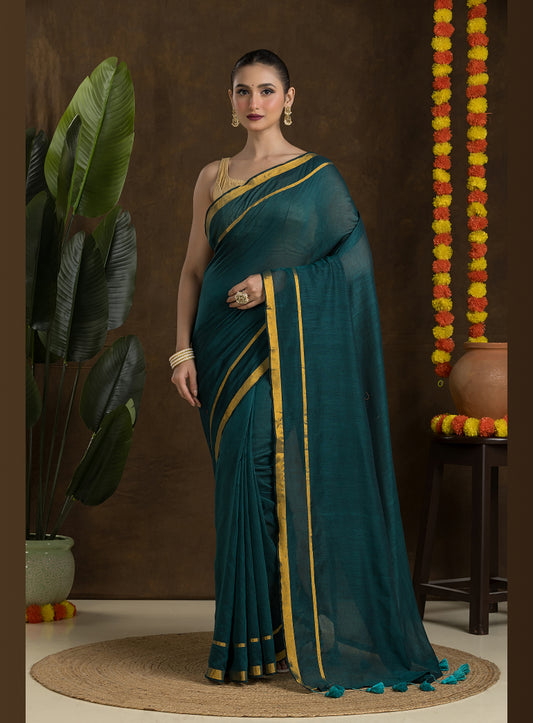 Dark Teal Green Pure Mulmul Cotton Saree