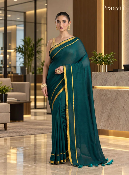 Dark Teal Green Pure Mulmul Cotton Saree