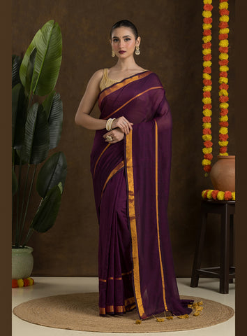 Wine Maroon Mulmul Cotton Saree