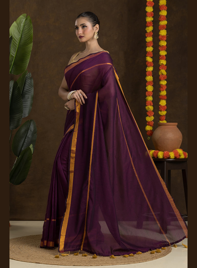 Wine Maroon Mulmul Cotton Saree