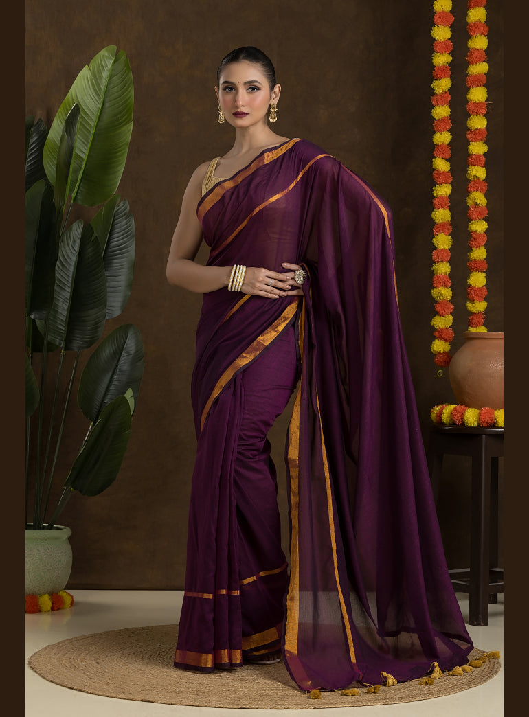 Wine Maroon Mulmul Cotton Saree