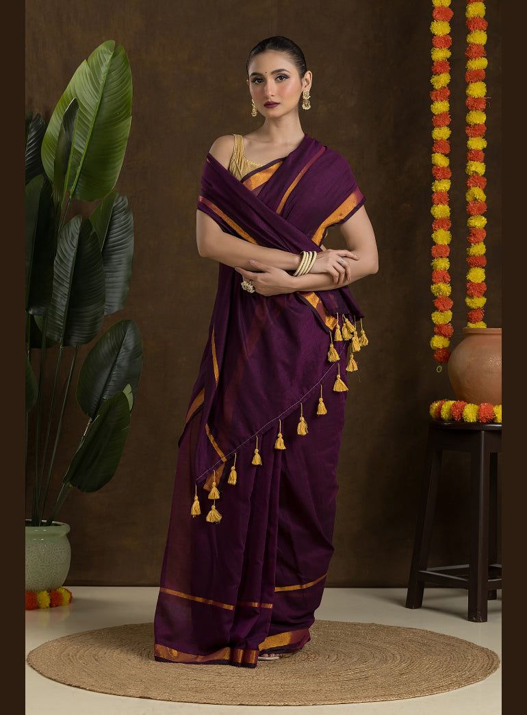 Wine Maroon Mulmul Cotton Saree