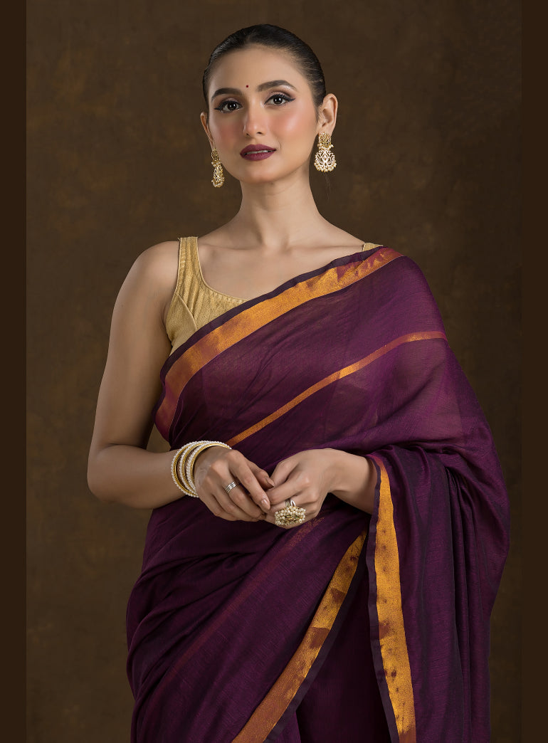Wine Maroon Mulmul Cotton Saree