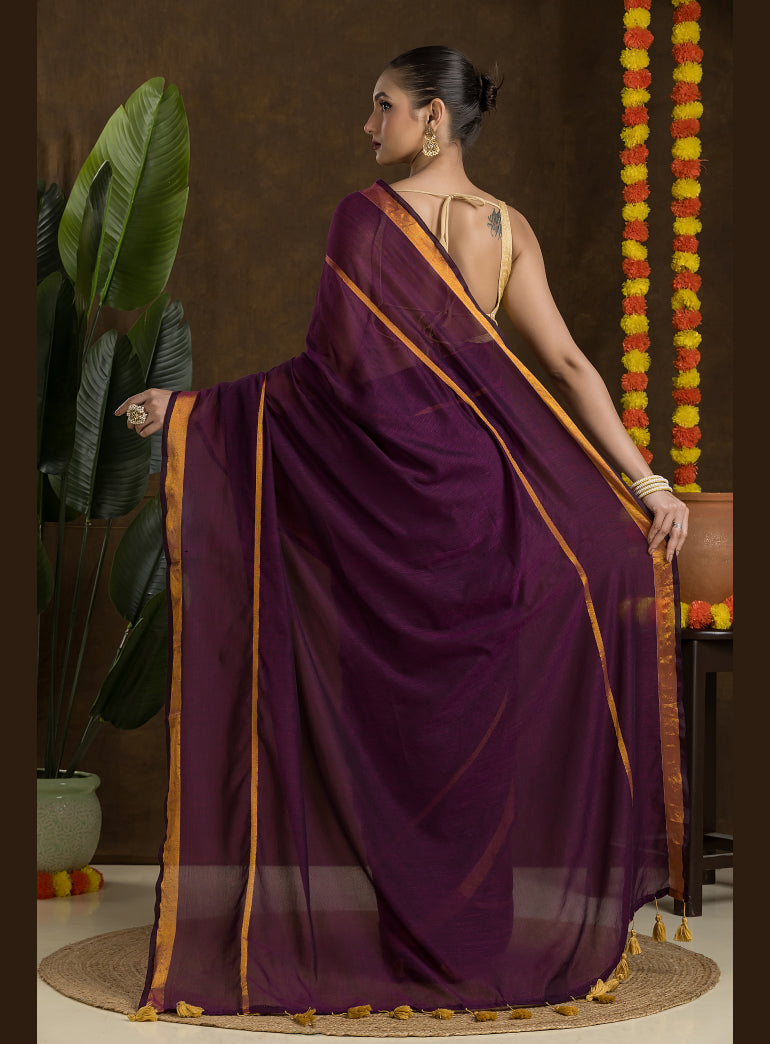 Wine Maroon Mulmul Cotton Saree