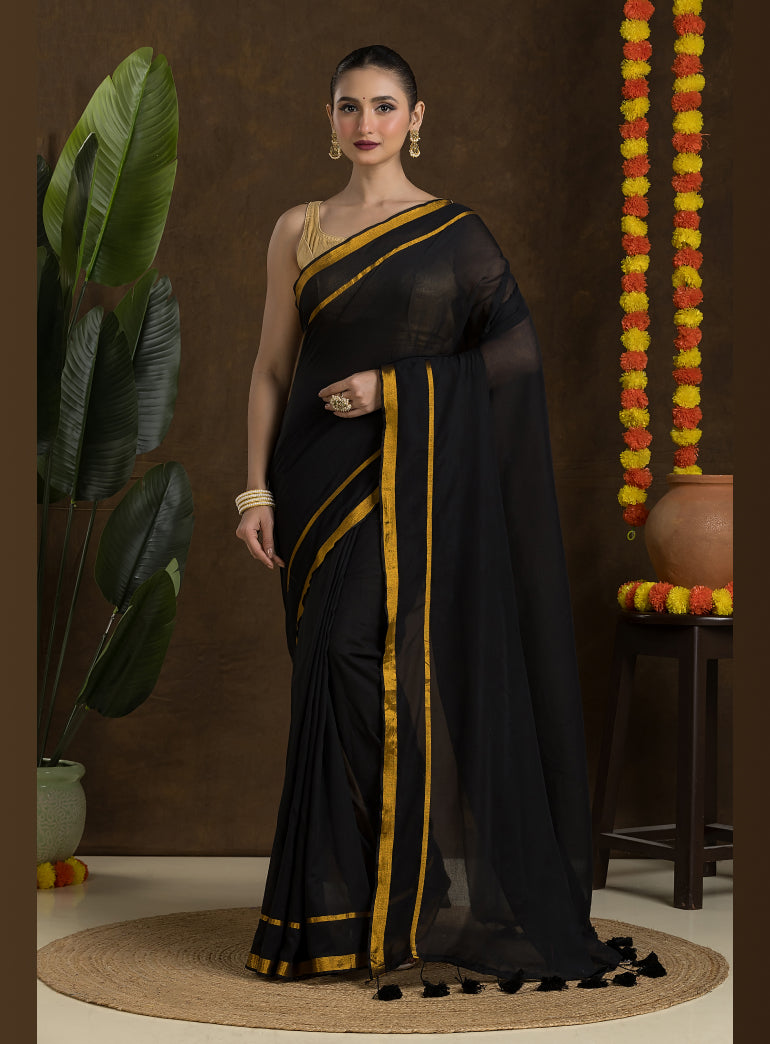 Black Mulmul Cotton Saree