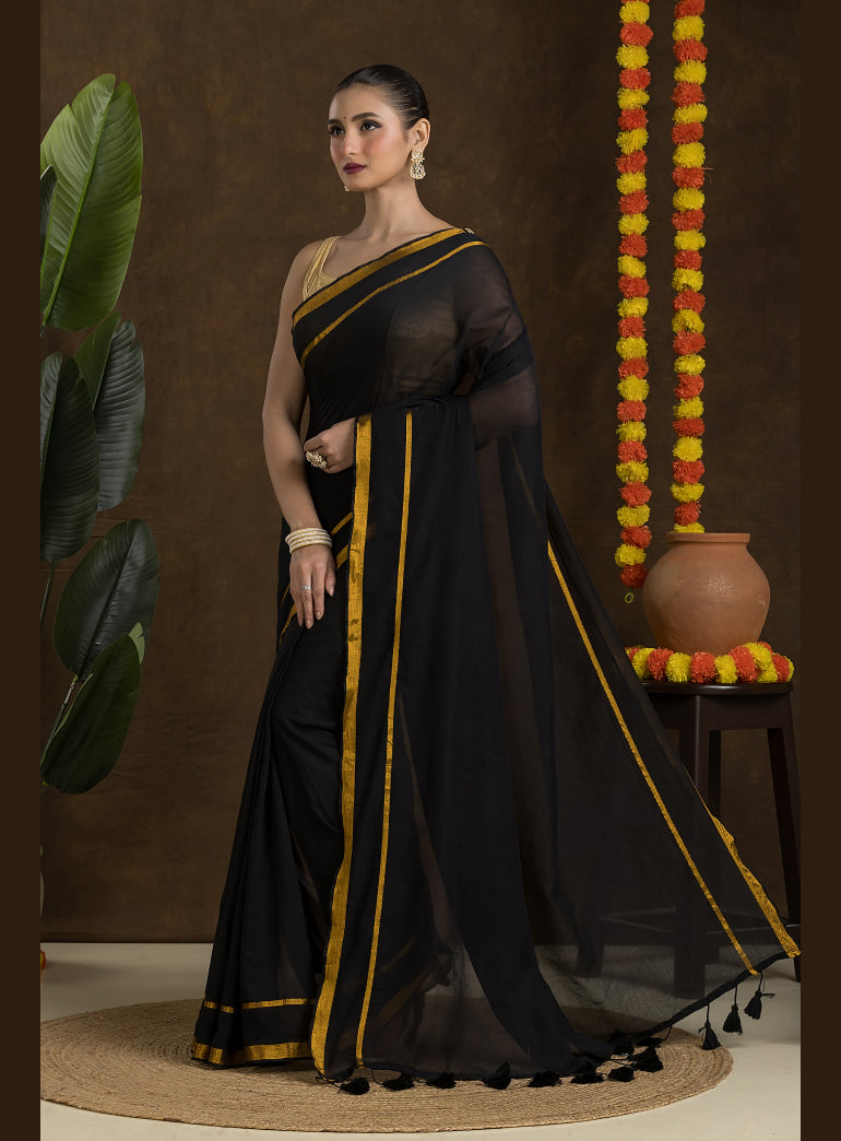 Black Mulmul Cotton Saree