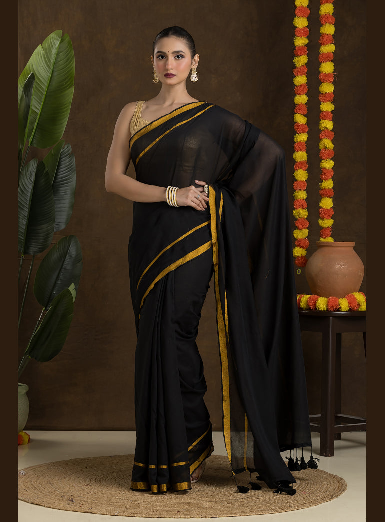 Black Mulmul Cotton Saree