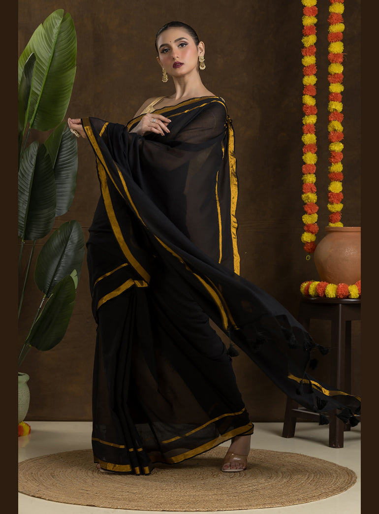 Black Mulmul Cotton Saree