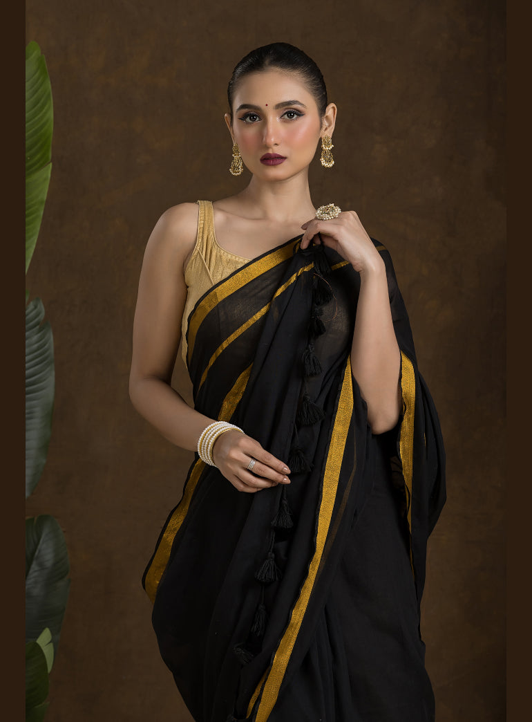 Black Mulmul Cotton Saree