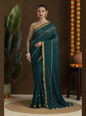 Teal Green Mulmul Cotton Saree