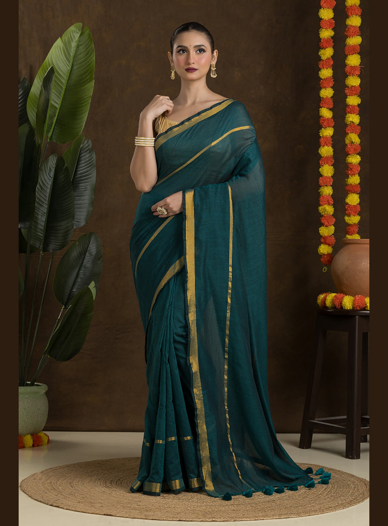Teal Green Mulmul Cotton Saree