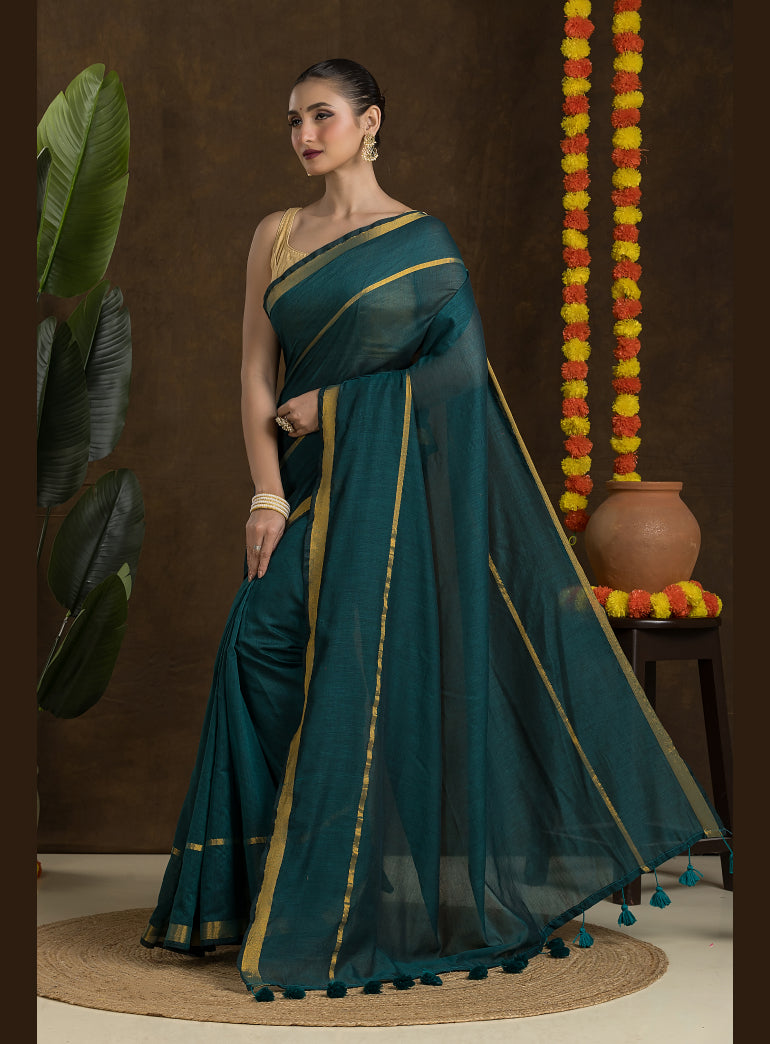 Teal Green Mulmul Cotton Saree