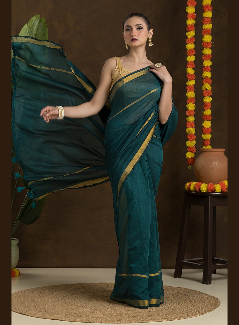 Teal Green Mulmul Cotton Saree