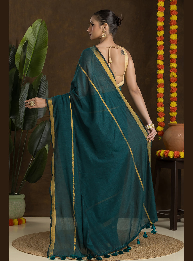 Teal Green Mulmul Cotton Saree