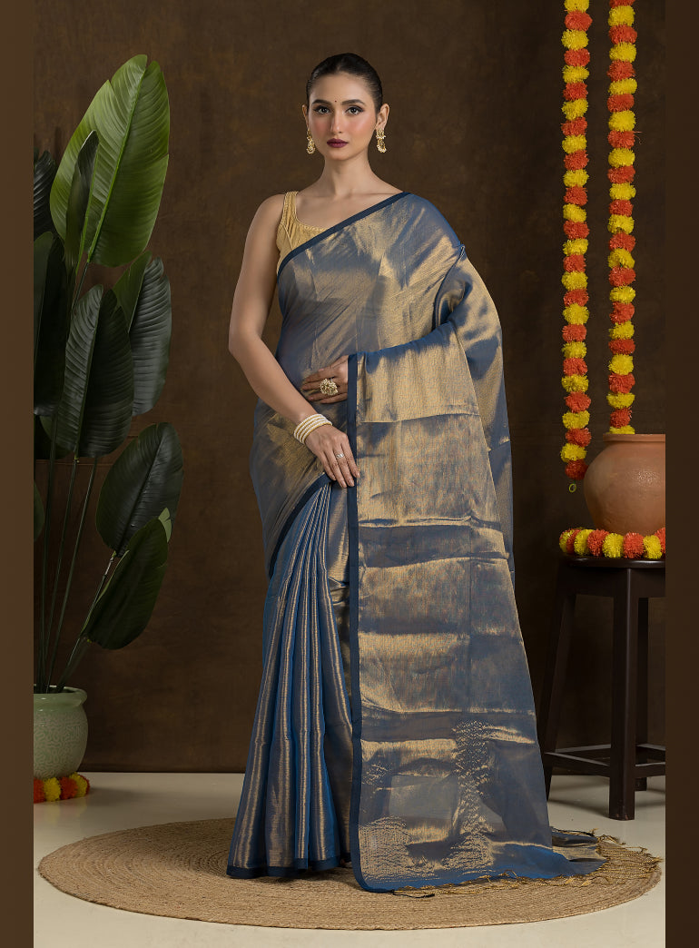 Metallic Blue Raga Mul Tissue saree