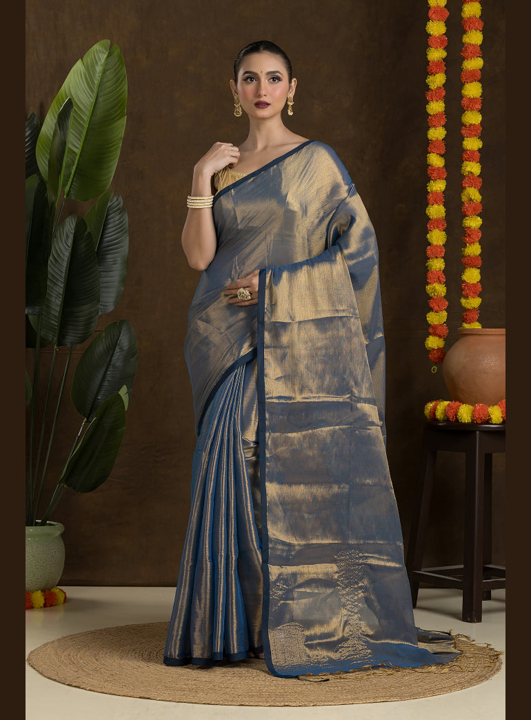 Metallic Blue Raga Mul Tissue saree