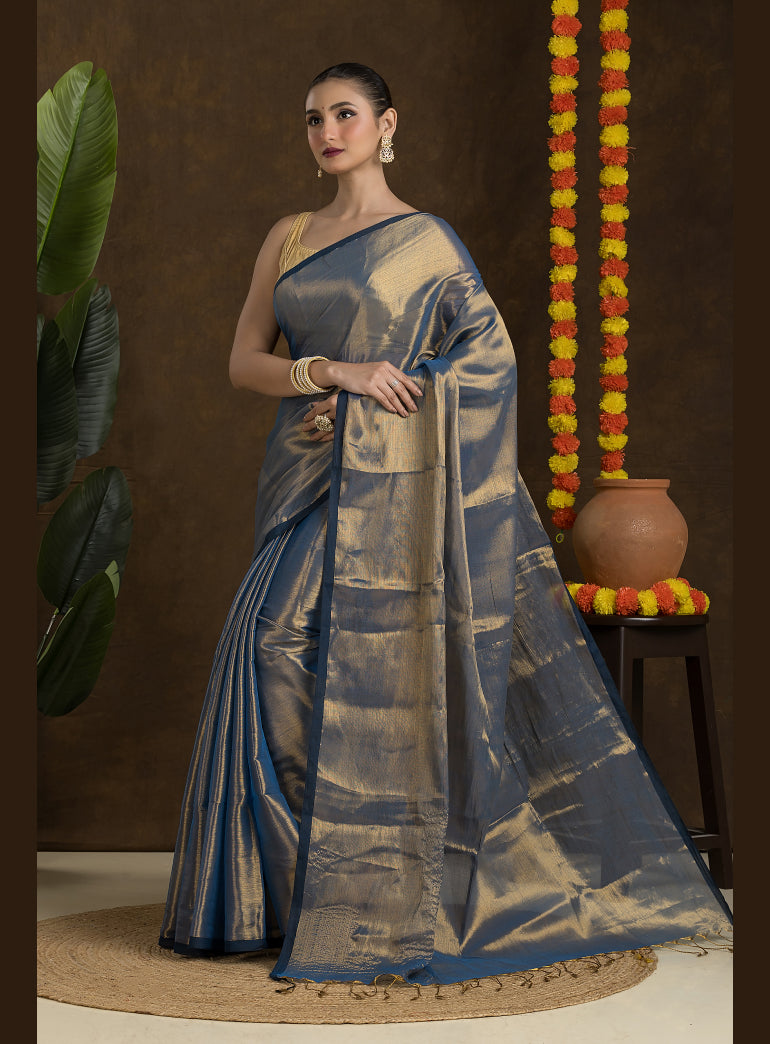 Metallic Blue Raga Mul Tissue saree