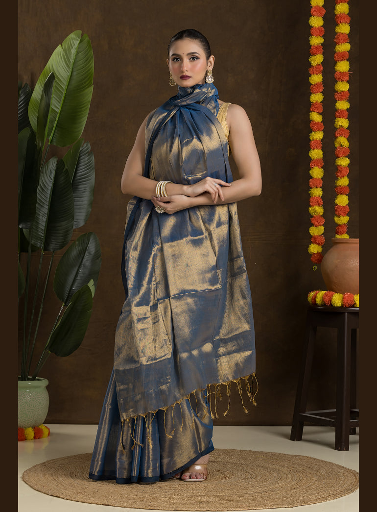Metallic Blue Raga Mul Tissue saree