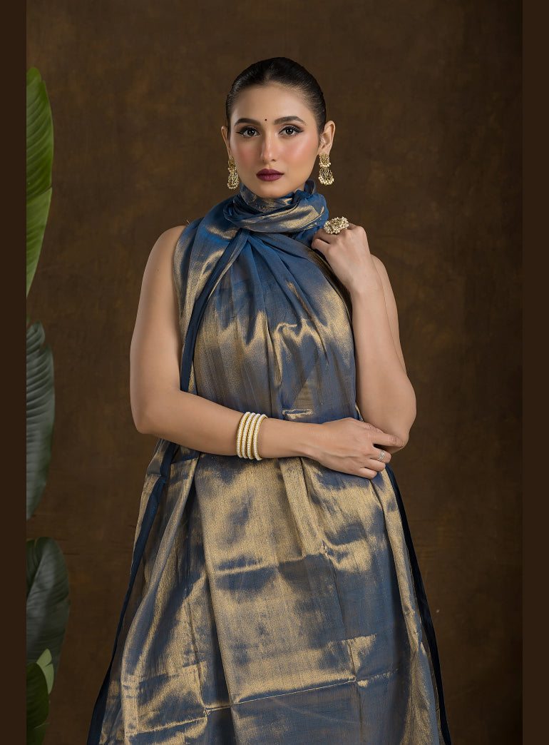 Metallic Blue Raga Mul Tissue saree