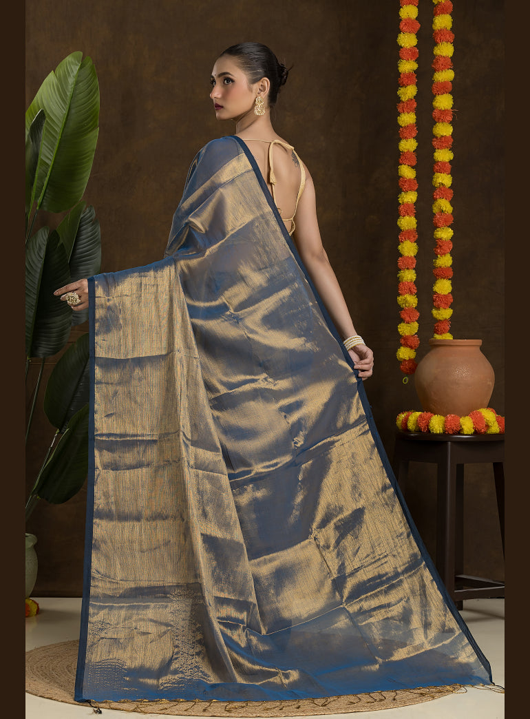 Metallic Blue Raga Mul Tissue saree