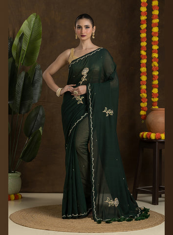 Dark Green Handloom Mulmul Cotton Saree