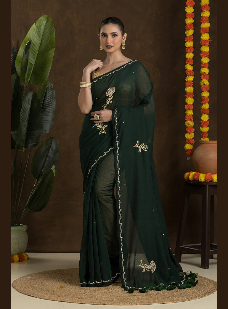 Dark Green Handloom Mulmul Cotton Saree