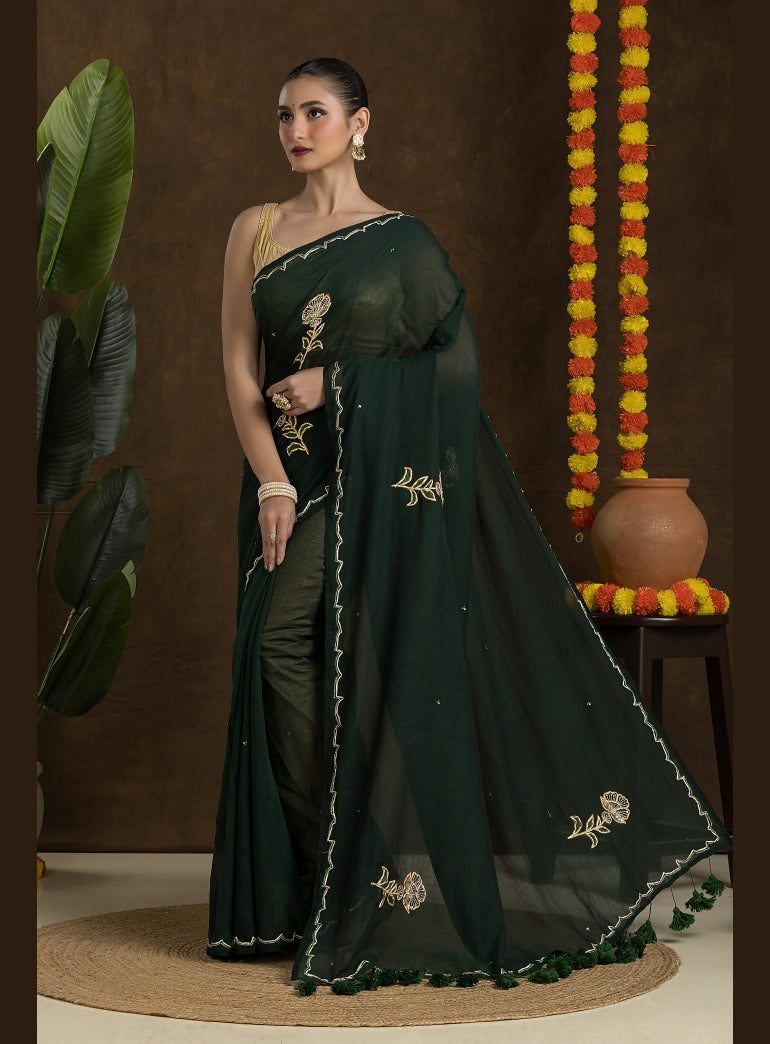 Dark Green Handloom Mulmul Cotton Saree