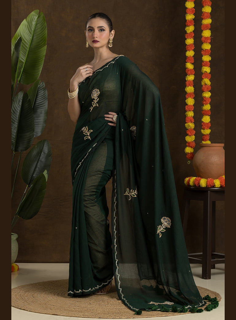 Dark Green Handloom Mulmul Cotton Saree