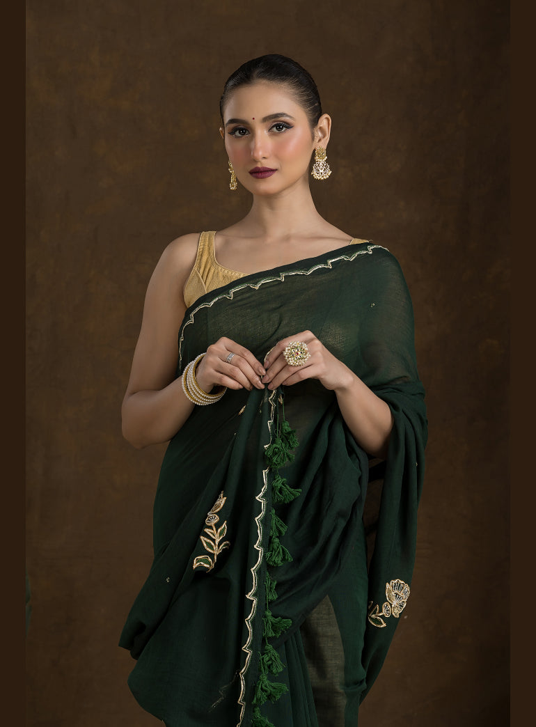Dark Green Handloom Mulmul Cotton Saree