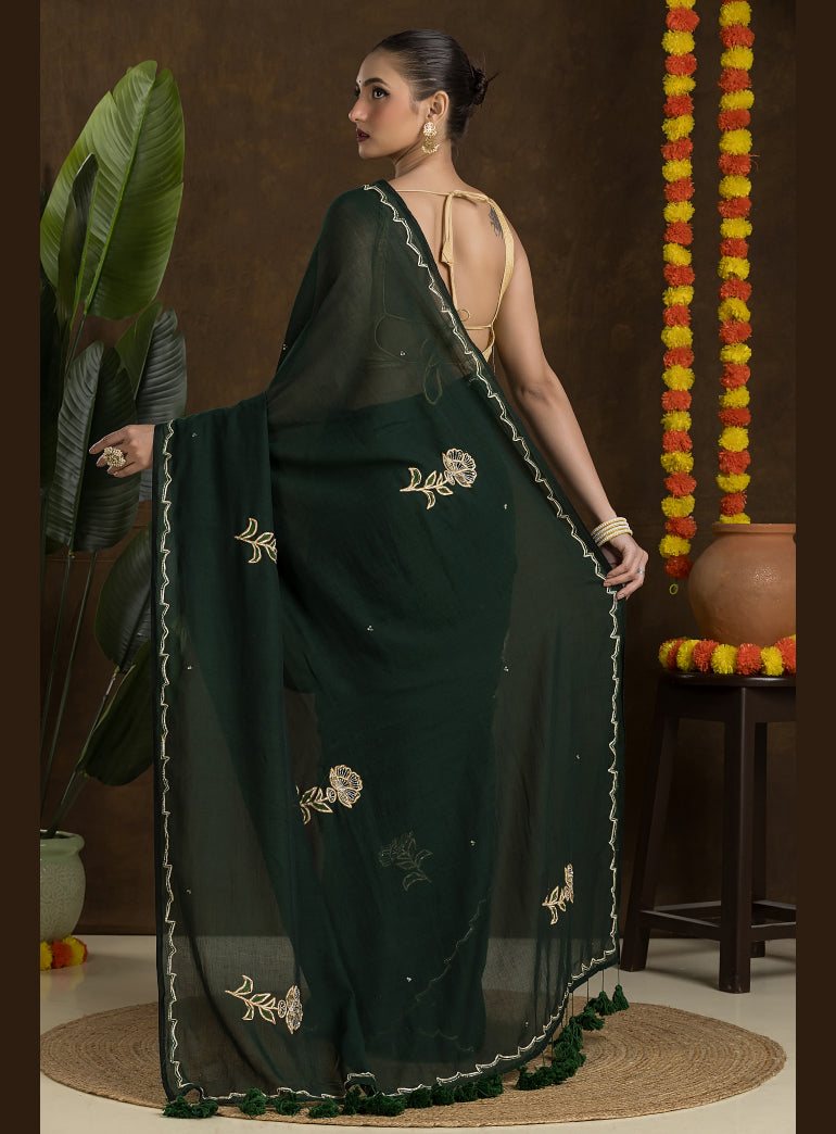 Dark Green Handloom Mulmul Cotton Saree
